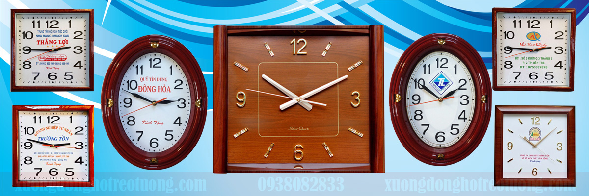 Đồng hồ treo tường in logo khung giả gỗ